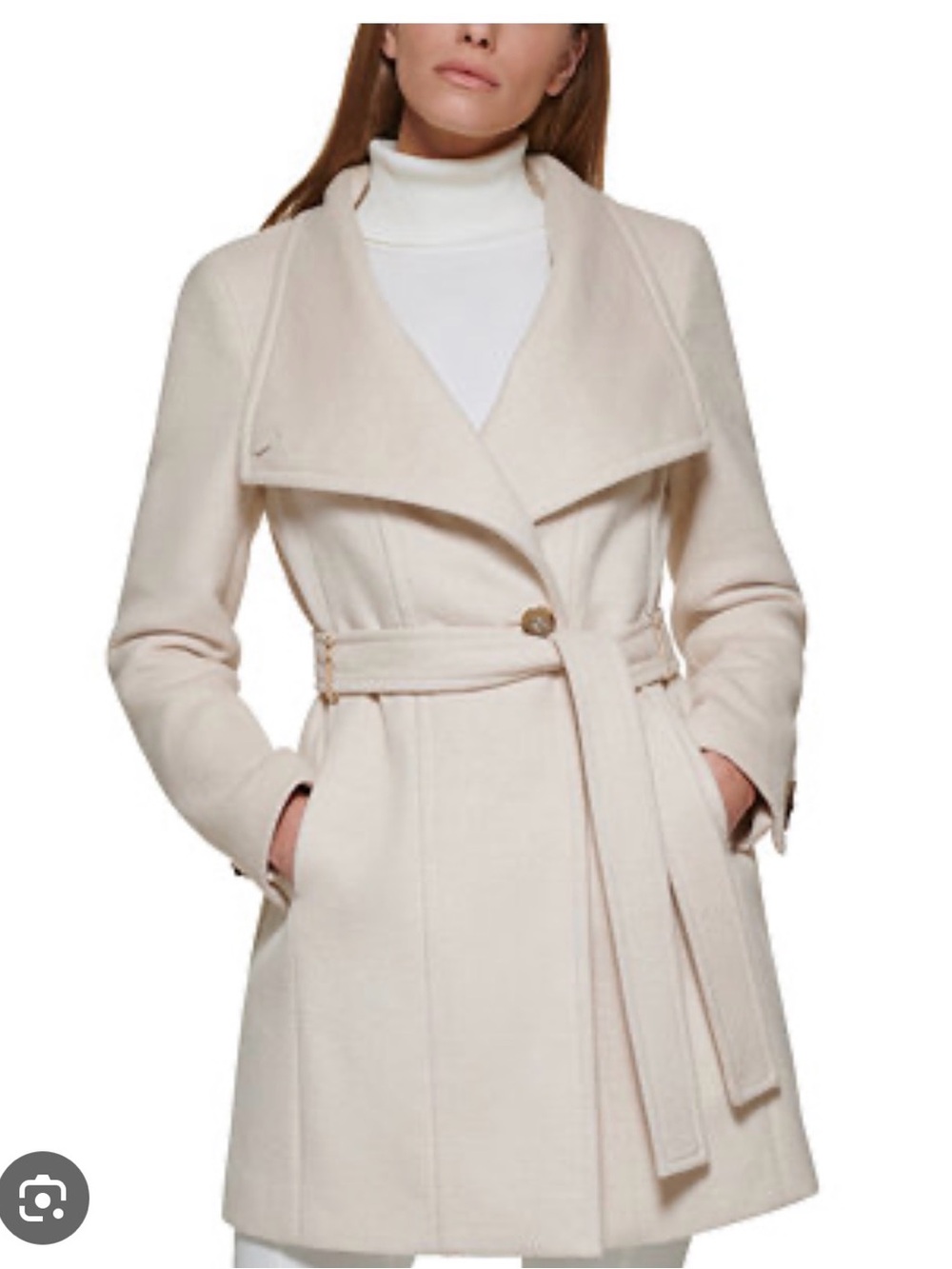NWT Calvin Klein Cream Asymmetrical Belted Wool Trench Coat